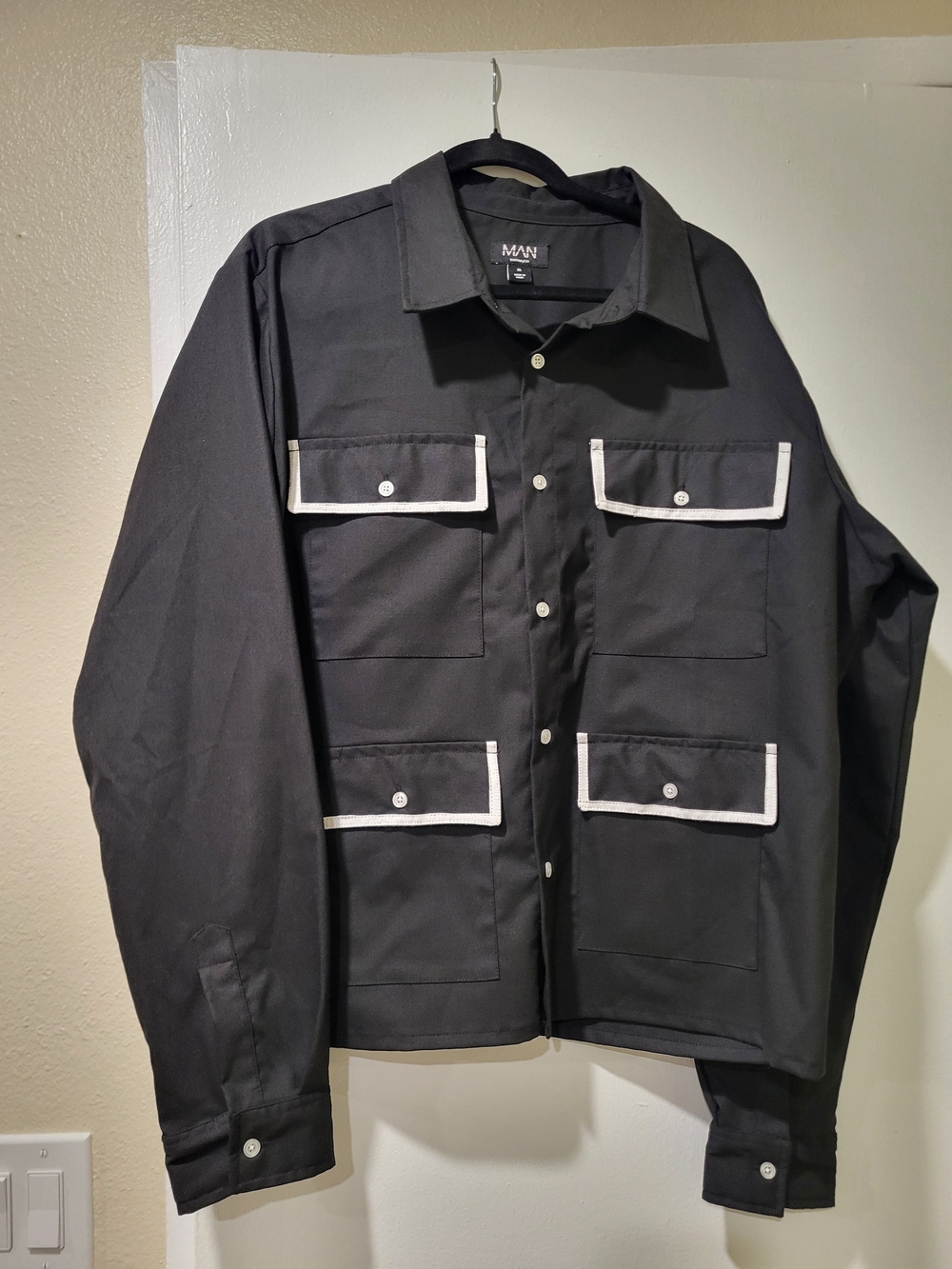Boohooman Tipped Pocket Harrington Black Shirt Jacket with White Contrast Trim